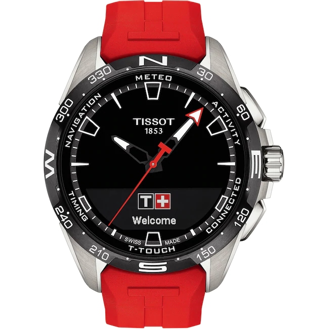 Tissot T-Touch Connect Solar Smartwatch Titan mit rotem Kautschukarmband